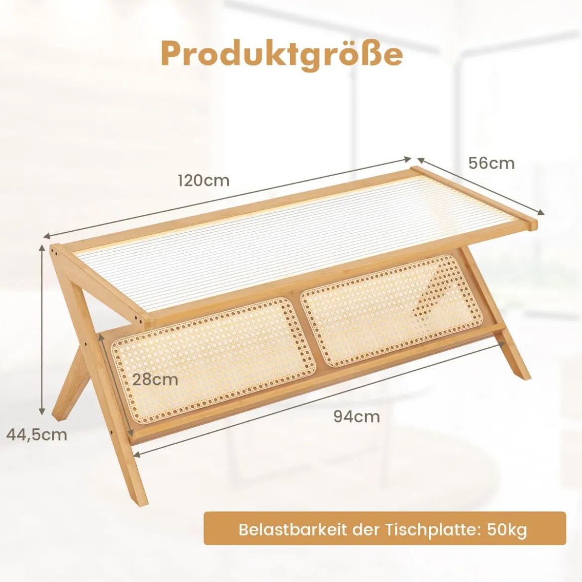 Couchtisch aus Bambus 120 cm 2-stöckiger Rechteckiger Kaffeetisch Natur