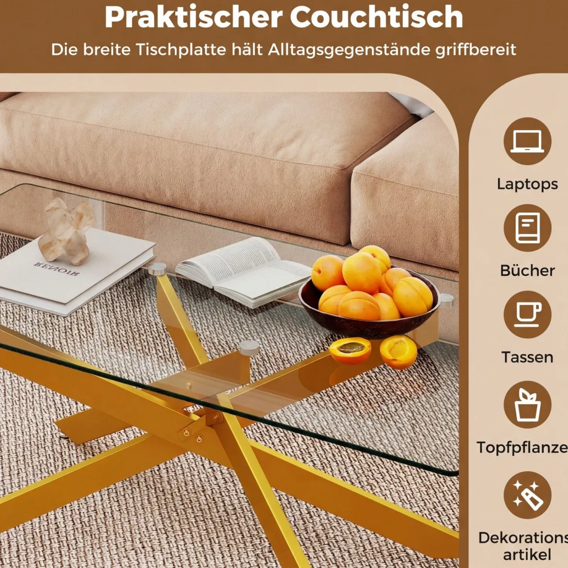 Couchtisch aus Gehärtetem Glas Rechteckiger Glastisch Moderner Kaffeetisch 120 x 60 x 45,5 cm Gold