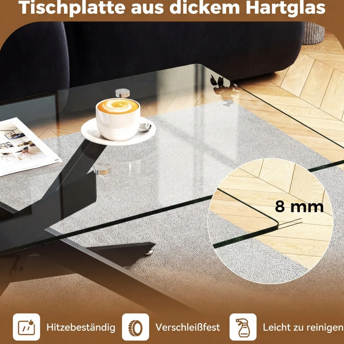 Couchtisch aus Gehärtetem Glas Rechteckiger Glastisch Moderner Kaffeetisch 120 x 60 x 45,5 cm Schwarz