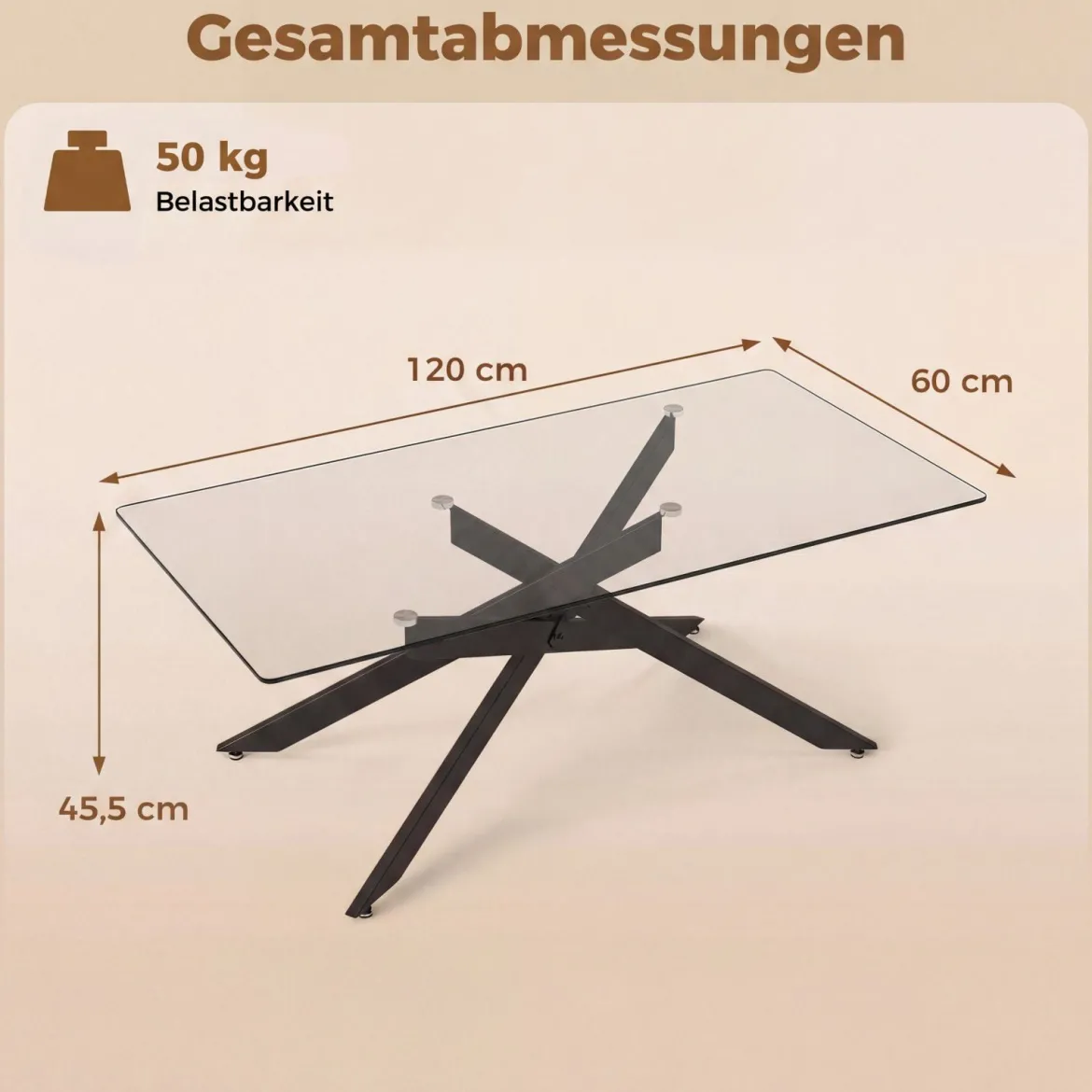 Couchtisch aus Gehärtetem Glas Rechteckiger Glastisch Moderner Kaffeetisch 120 x 60 x 45,5 cm Schwarz