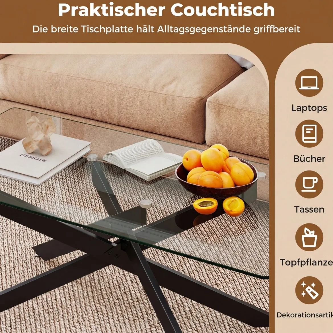 Couchtisch aus Gehärtetem Glas Rechteckiger Glastisch Moderner Kaffeetisch 120 x 60 x 45,5 cm Schwarz
