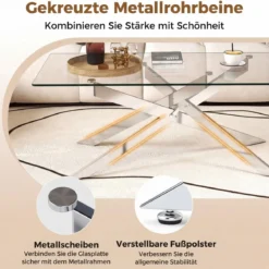 Couchtisch aus Gehärtetem Glas Rechteckiger Glastisch Moderner Kaffeetisch 120 x 60 x 45,5 cm Silber