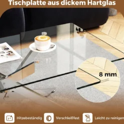 Couchtisch aus Gehärtetem Glas Rechteckiger Glastisch Moderner Kaffeetisch 120 x 60 x 45,5 cm Silber