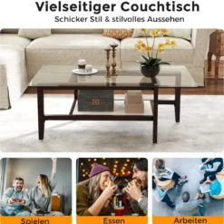 Couchtisch aus Glas 2-stöckiger Beistelltisch mit Ablagefläche 107 cm Langer rechteckiger Kaffeetisch