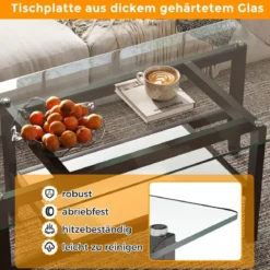 Couchtisch aus Glas 2-stöckiger Beistelltisch mit Ablagefläche 107 cm Langer rechteckiger Kaffeetisch