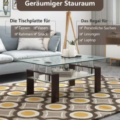 Couchtisch aus Glas Wohnzimmertisch mit unterer Ablage Sofatisch 99,5 x 59,5 x 44,5 cm Braun
