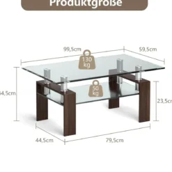 Couchtisch aus Glas Wohnzimmertisch mit unterer Ablage Sofatisch 99,5 x 59,5 x 44,5 cm Braun