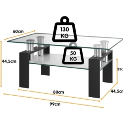 Couchtisch aus Glas Wohnzimmertisch mit unterer Ablage Sofatisch 99,5 x 59,5 x 44,5 cm Schwarz