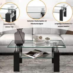 Couchtisch aus Glas Wohnzimmertisch mit unterer Ablage Sofatisch 99,5 x 59,5 x 44,5 cm Schwarz