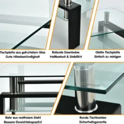 Couchtisch aus Glas Wohnzimmertisch mit unterer Ablage Sofatisch 99,5 x 59,5 x 44,5 cm Schwarz