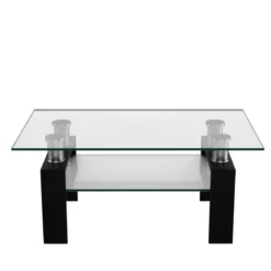 Couchtisch aus Glas Wohnzimmertisch mit unterer Ablage Sofatisch 99,5 x 59,5 x 44,5 cm Schwarz