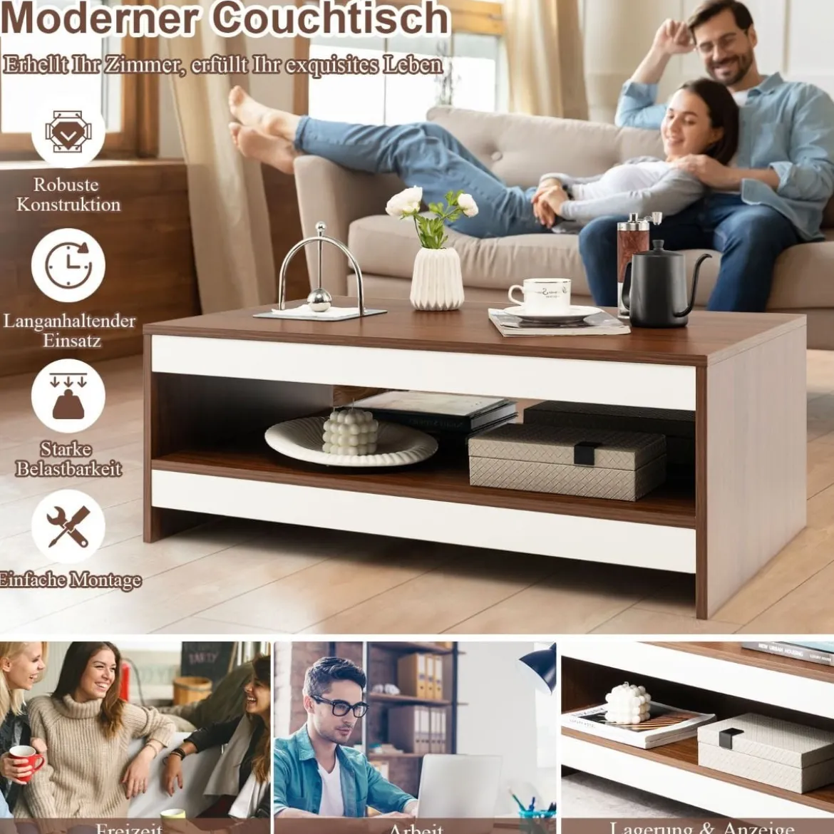 Couchtisch aus Holz 2 Ebenen Wohnzimmertisch mit Ablagefläche 94 x 55 x 35 cm Walnuss + Weiß