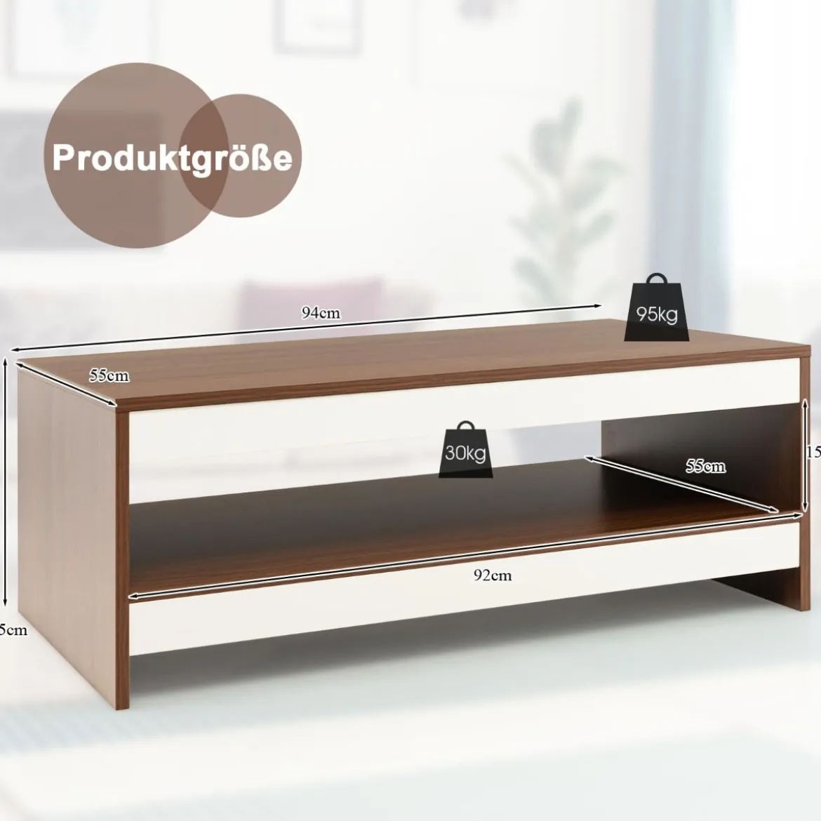 Couchtisch aus Holz 2 Ebenen Wohnzimmertisch mit Ablagefläche 94 x 55 x 35 cm Walnuss + Weiß