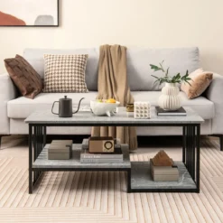 Couchtisch aus Kunst-Marmor mit Offener Ablage & Metallrahmen Beistelltisch 110 x 60 x 45 cm