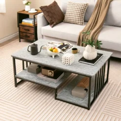 Couchtisch aus Kunst-Marmor mit Offener Ablage & Metallrahmen Beistelltisch 110 x 60 x 45 cm