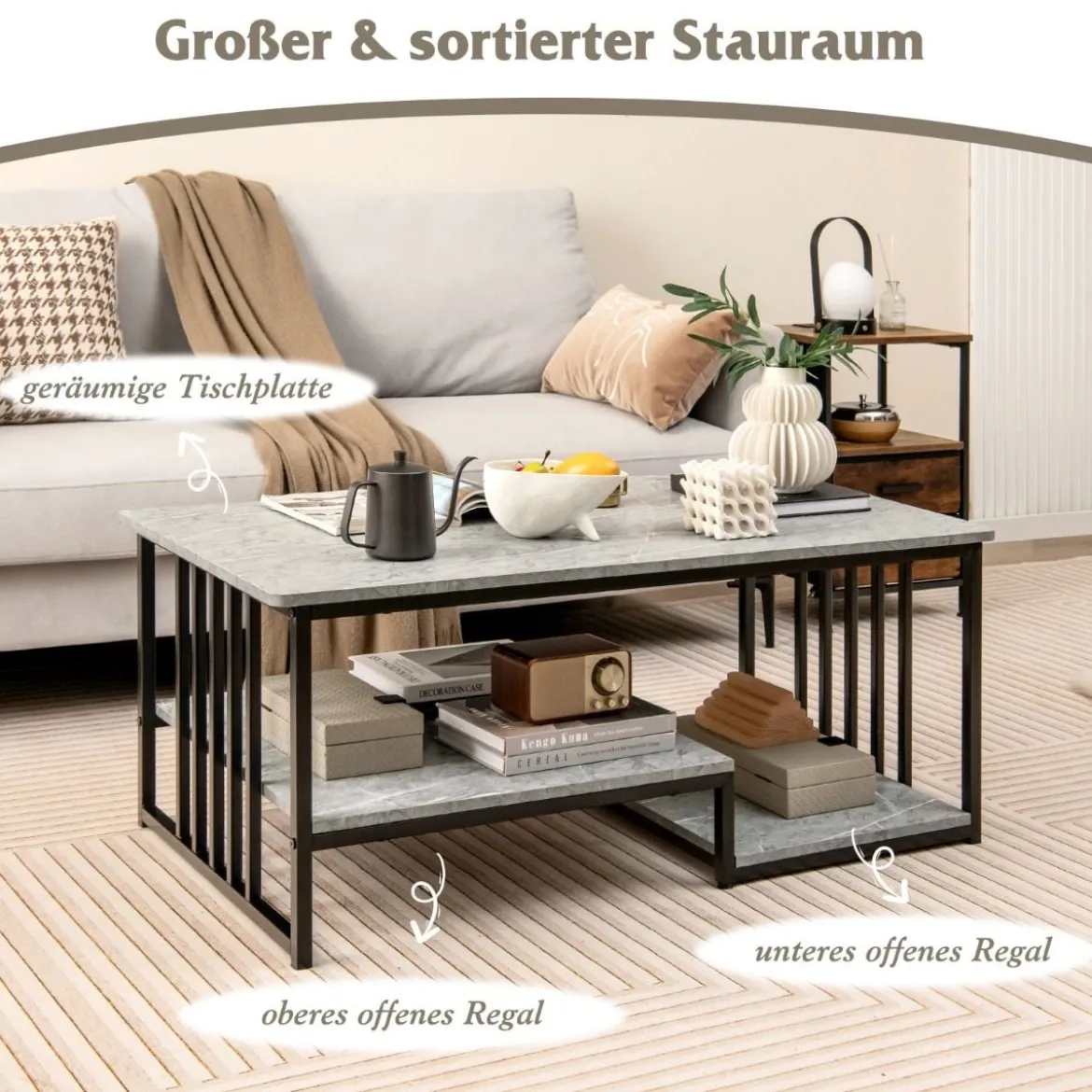 Couchtisch aus Kunst-Marmor mit Offener Ablage & Metallrahmen Beistelltisch 110 x 60 x 45 cm