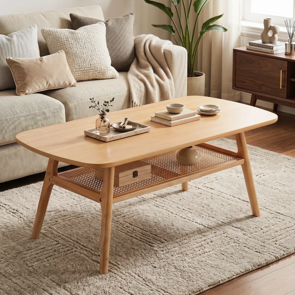 Couchtisch Beistelltisch 2 Ebenen mit Offener Ablage Wohnzimmertsich 100 x 53,5 x 45,5 cm Natur