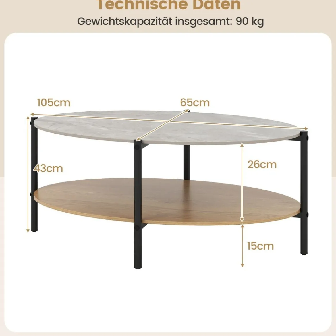 Couchtisch Beistelltisch Marmor Optik mit Metallrahmen Wohnzimmertisch mit 2 Ablage 105 x 65 x 43 cm
