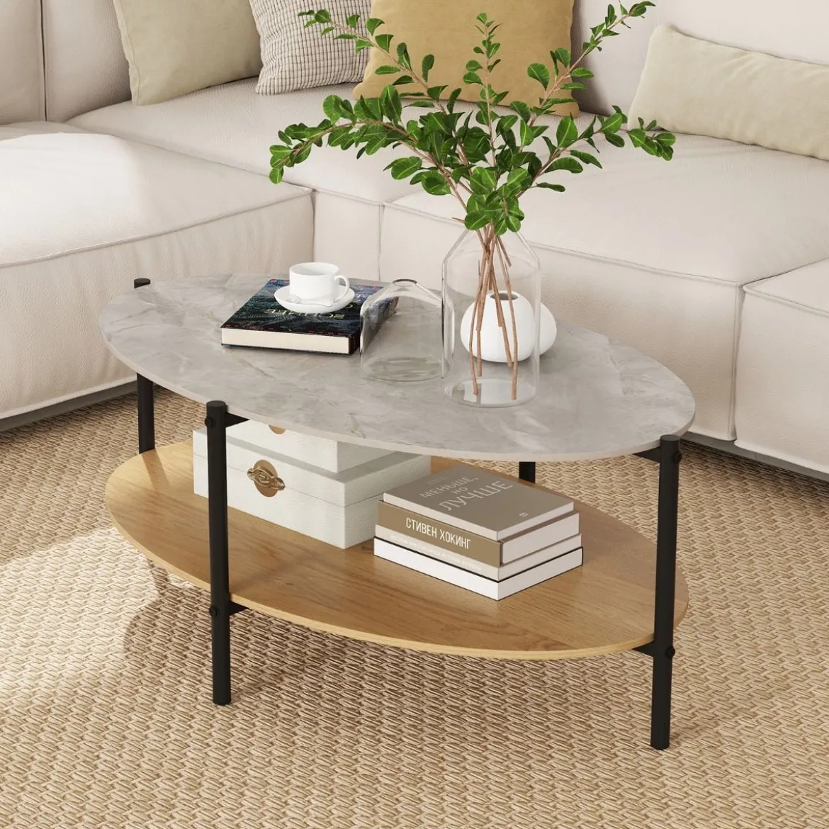 Couchtisch Beistelltisch Marmor Optik mit Metallrahmen Wohnzimmertisch mit 2 Ablage 105 x 65 x 43 cm