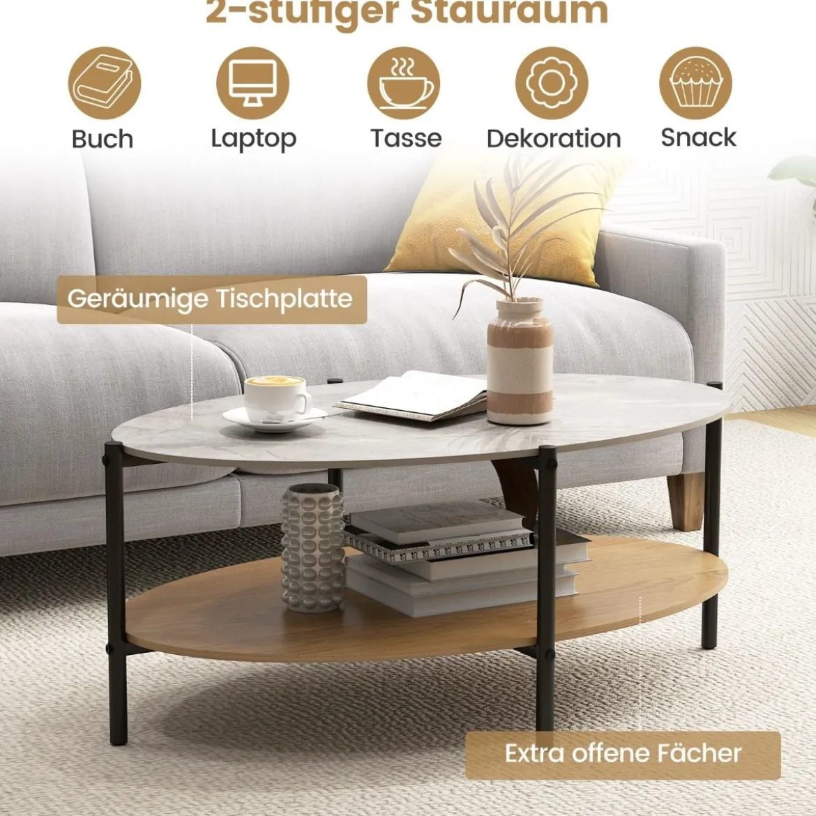 Couchtisch Beistelltisch Marmor Optik mit Metallrahmen Wohnzimmertisch mit 2 Ablage 105 x 65 x 43 cm