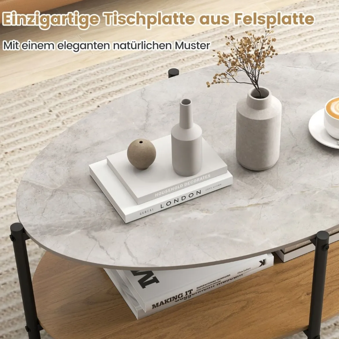 Couchtisch Beistelltisch Marmor Optik mit Metallrahmen Wohnzimmertisch mit 2 Ablage 105 x 65 x 43 cm