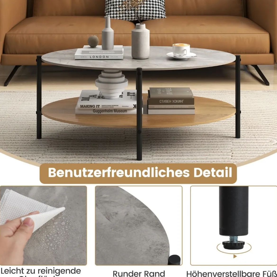 Couchtisch Beistelltisch Marmor Optik mit Metallrahmen Wohnzimmertisch mit 2 Ablage 105 x 65 x 43 cm