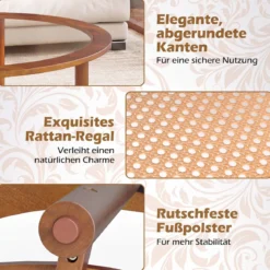 Couchtisch Ø90 cm Runder Beistelltisch mit Glasplatte & Offener Ablage aus Kunststoff-Rattan Walnuss