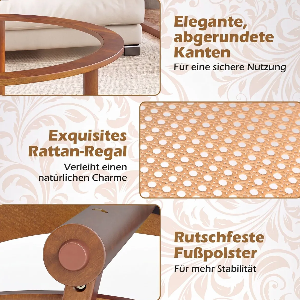 Couchtisch Ø90 cm Runder Beistelltisch mit Glasplatte & Offener Ablage aus Kunststoff-Rattan Walnuss