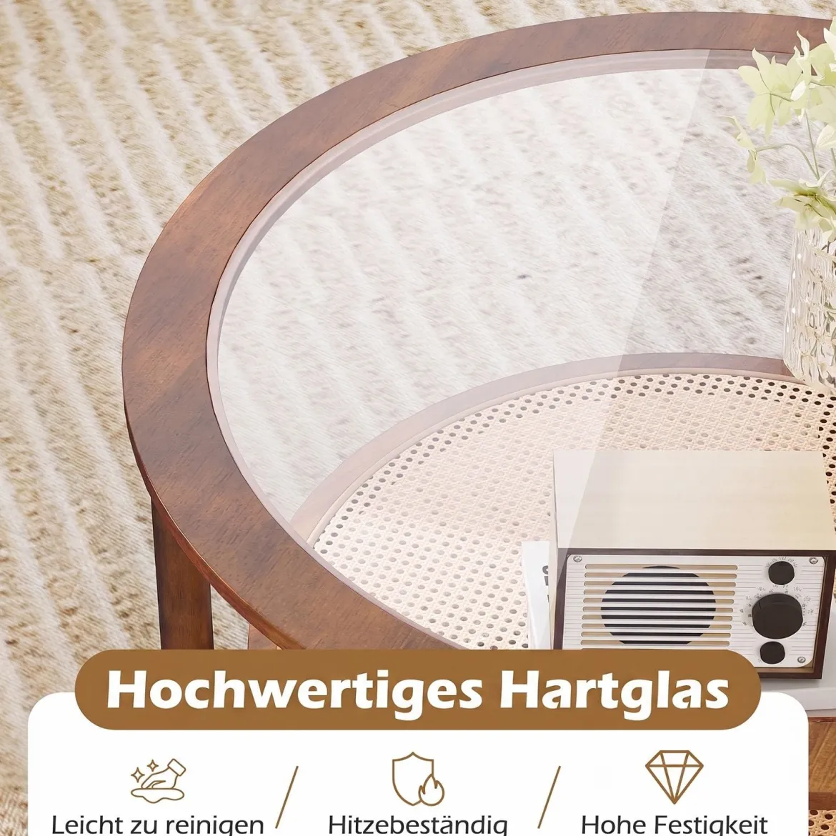 Couchtisch Ø90 cm Runder Beistelltisch mit Glasplatte & Offener Ablage aus Kunststoff-Rattan Walnuss