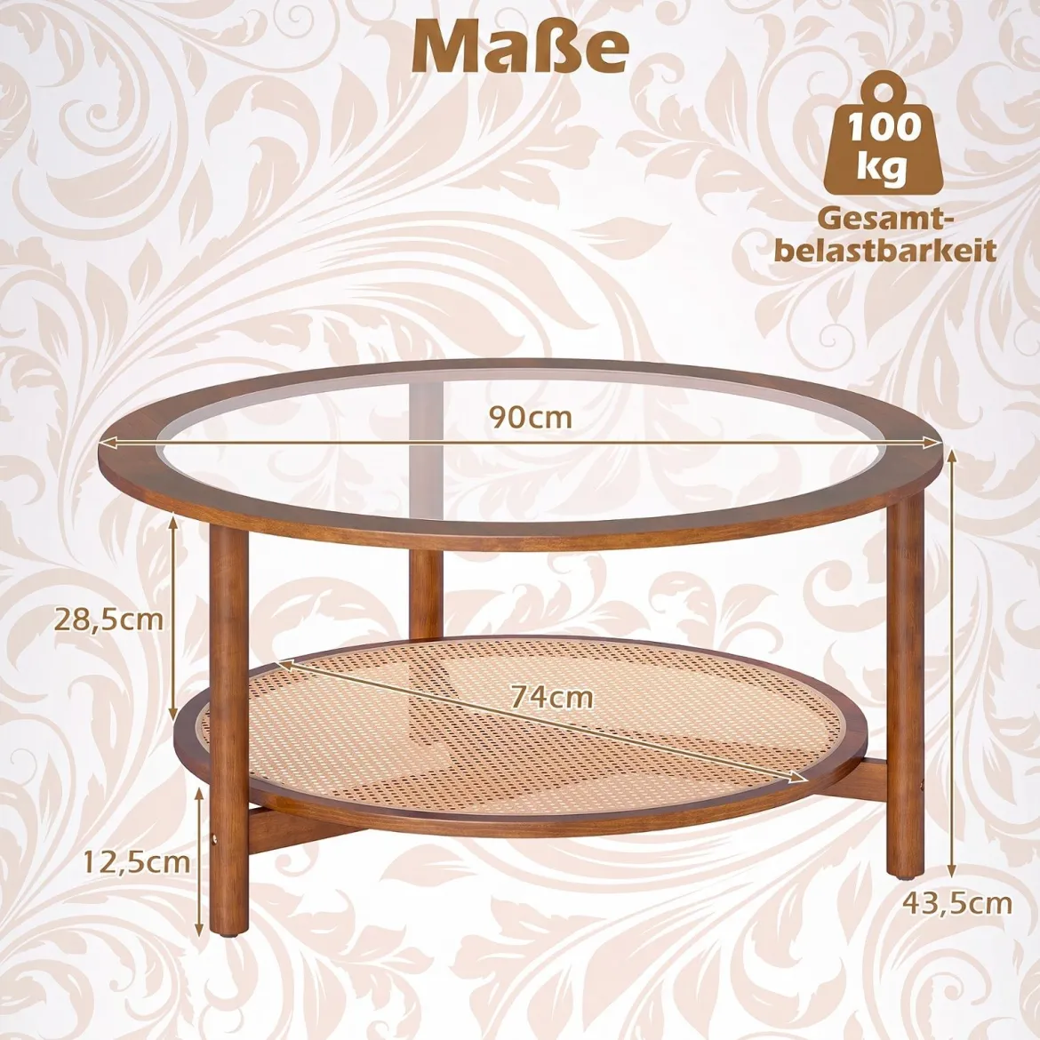 Couchtisch Ø90 cm Runder Beistelltisch mit Glasplatte & Offener Ablage aus Kunststoff-Rattan Walnuss