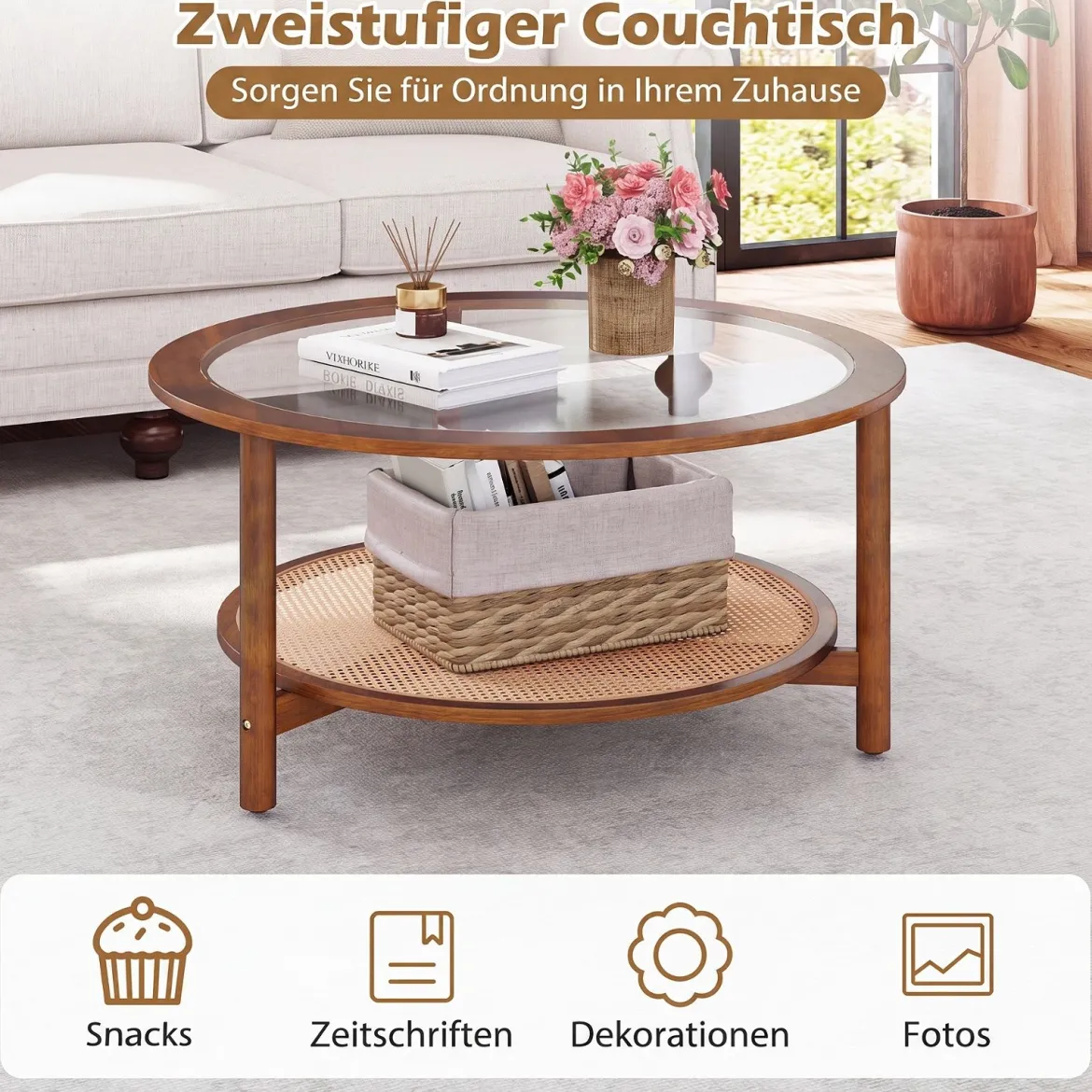 Couchtisch Ø90 cm Runder Beistelltisch mit Glasplatte & Offener Ablage aus Kunststoff-Rattan Walnuss