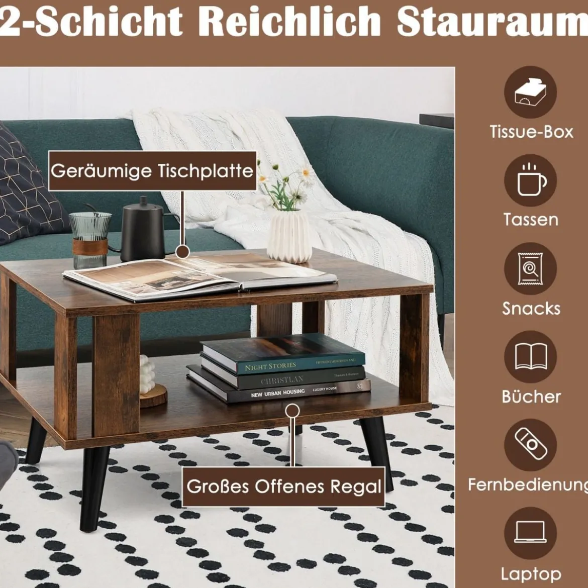 Couchtisch für Kleine Räume 2-Stufiger Kaffeetisch aus Holz 70 x 50 x 41 cm