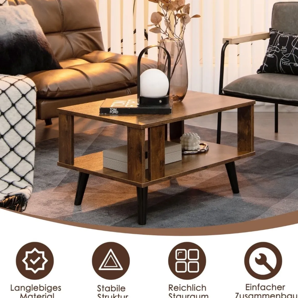 Couchtisch für Kleine Räume 2-Stufiger Kaffeetisch aus Holz 70 x 50 x 41 cm