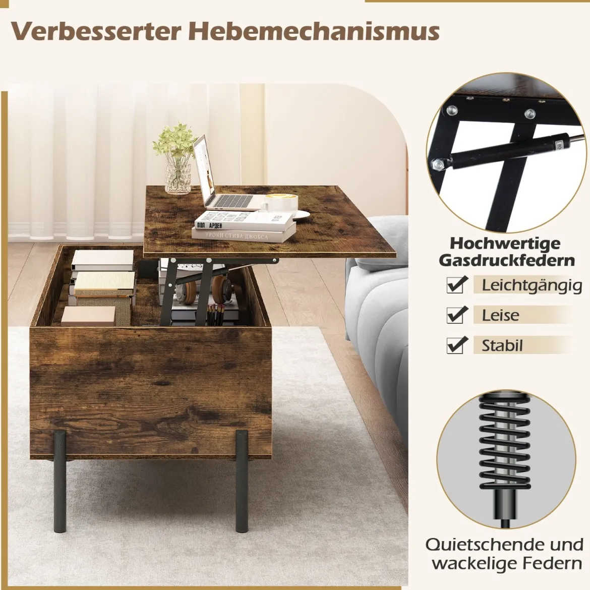 Couchtisch höhenverstellbar Kaffeetisch mit anhebbarer Tischplatte 3 offenen Fachen Braun 100 x 50 x 45/59 cm