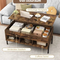 Couchtisch höhenverstellbar Kaffeetisch mit anhebbarer Tischplatte 3 offenen Fachen Braun 100 x 50 x 45/59 cm