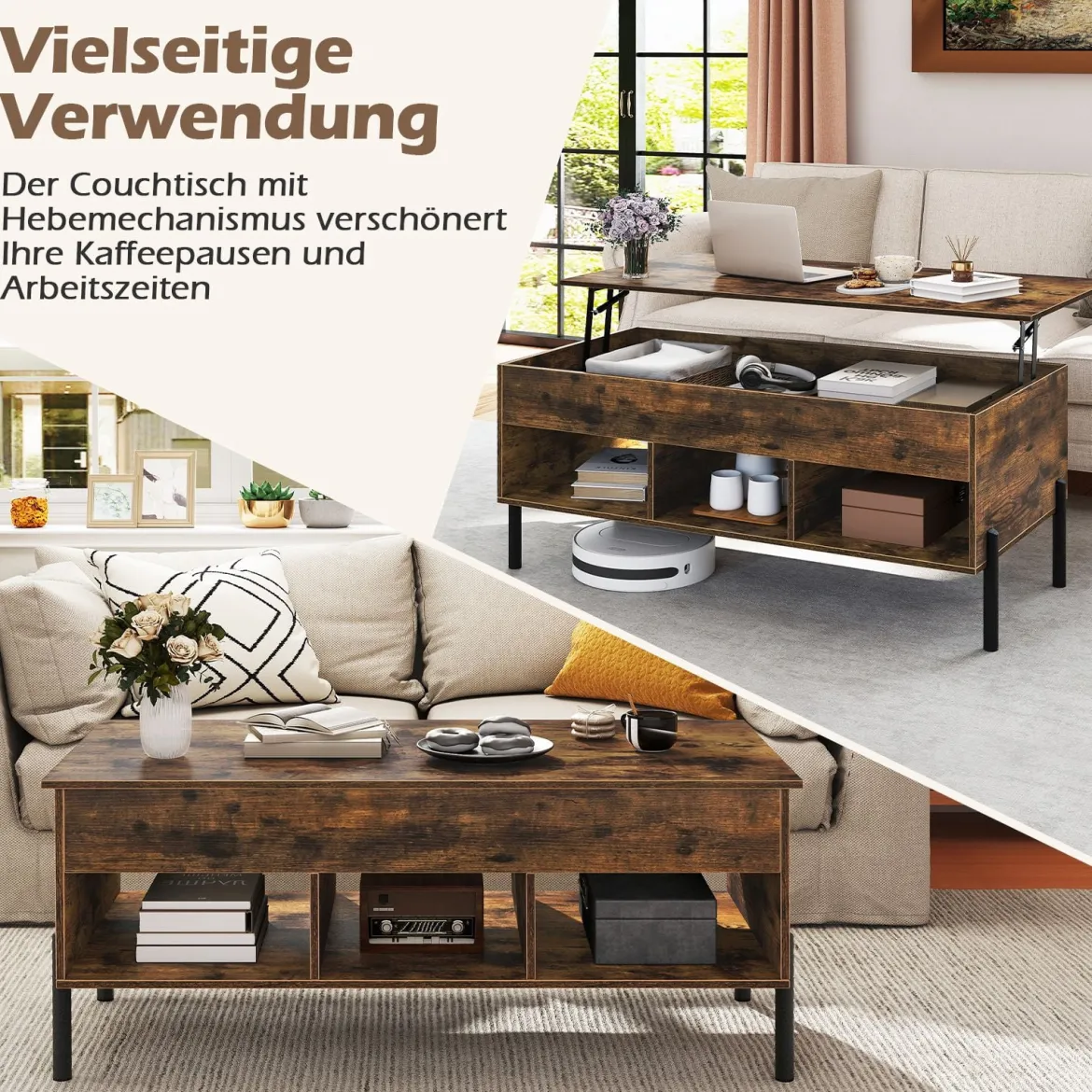 Couchtisch höhenverstellbar Kaffeetisch mit anhebbarer Tischplatte 3 offenen Fachen Braun 100 x 50 x 45/59 cm