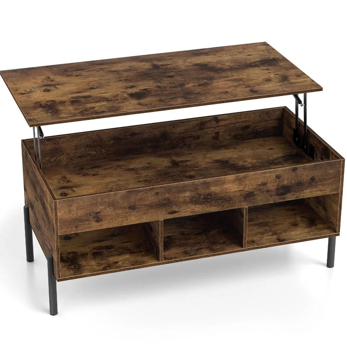 Couchtisch höhenverstellbar Kaffeetisch mit anhebbarer Tischplatte 3 offenen Fachen Braun 100 x 50 x 45/59 cm