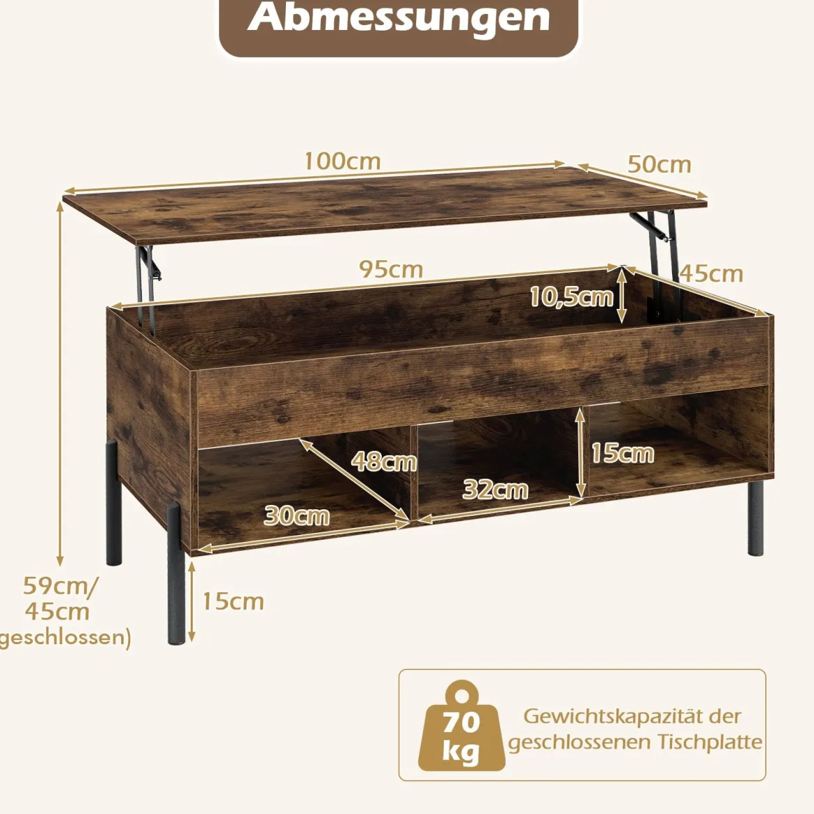 Couchtisch höhenverstellbar Kaffeetisch mit anhebbarer Tischplatte 3 offenen Fachen Braun 100 x 50 x 45/59 cm