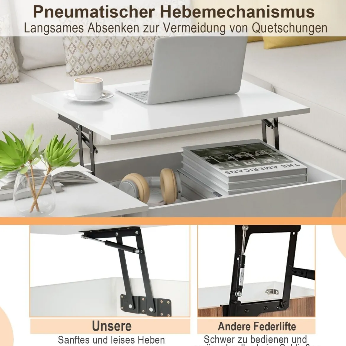 Couchtisch höhenverstellbar mit offenem Stauraum & Tür Kaffeetisch 100 x 50 x 45 cm Weiß