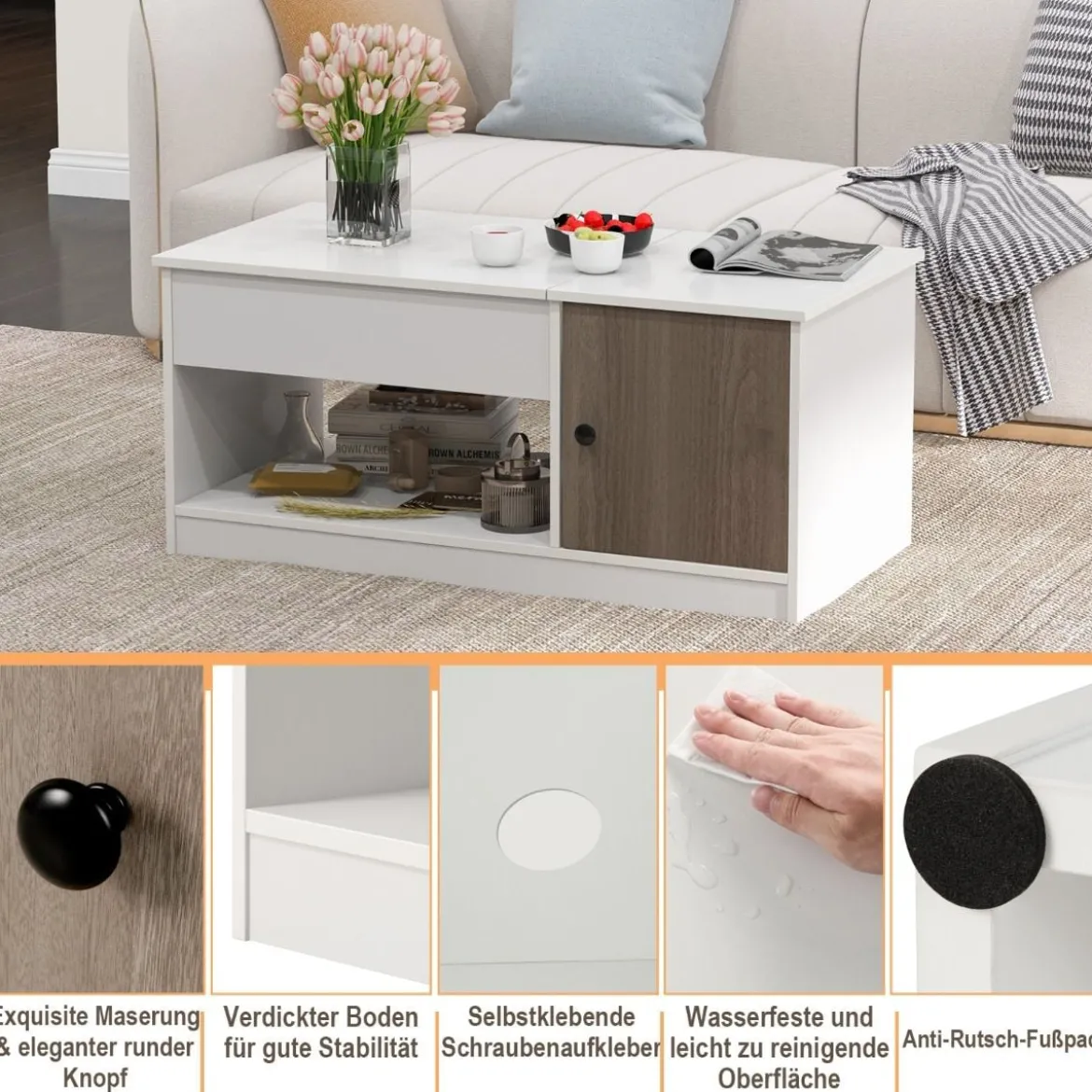 Couchtisch höhenverstellbar mit offenem Stauraum & Tür Kaffeetisch 100 x 50 x 45 cm Weiß