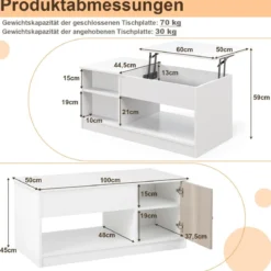Couchtisch höhenverstellbar mit offenem Stauraum & Tür Kaffeetisch 100 x 50 x 45 cm Weiß