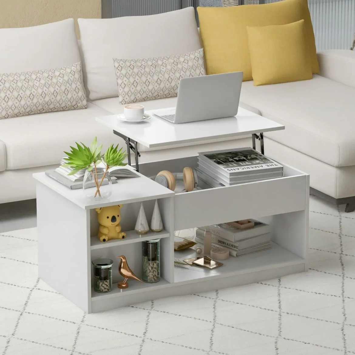 Couchtisch höhenverstellbar mit offenem Stauraum & Tür Kaffeetisch 100 x 50 x 45 cm Weiß