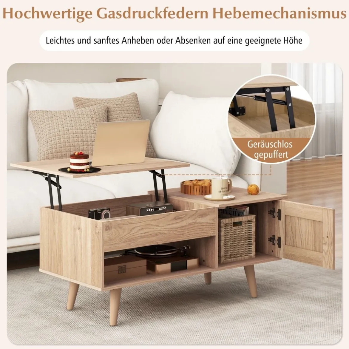 Couchtisch höhenverstellbar Wohnzimmertisch Beistelltisch mit verstecktem Fach 100 x 50 x 46/60 cm Braun/Natur
