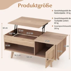 Couchtisch höhenverstellbar Wohnzimmertisch Beistelltisch mit verstecktem Fach 100 x 50 x 46/60 cm Braun/Natur