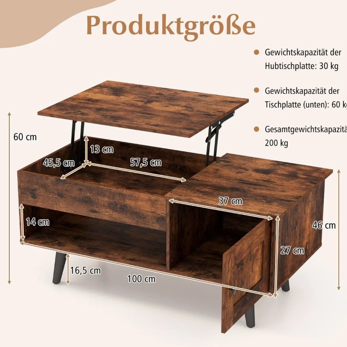 Couchtisch höhenverstellbar Wohnzimmertisch Beistelltisch mit verstecktem Fach 100 x 50 x 46/60 cm Braun/Natur