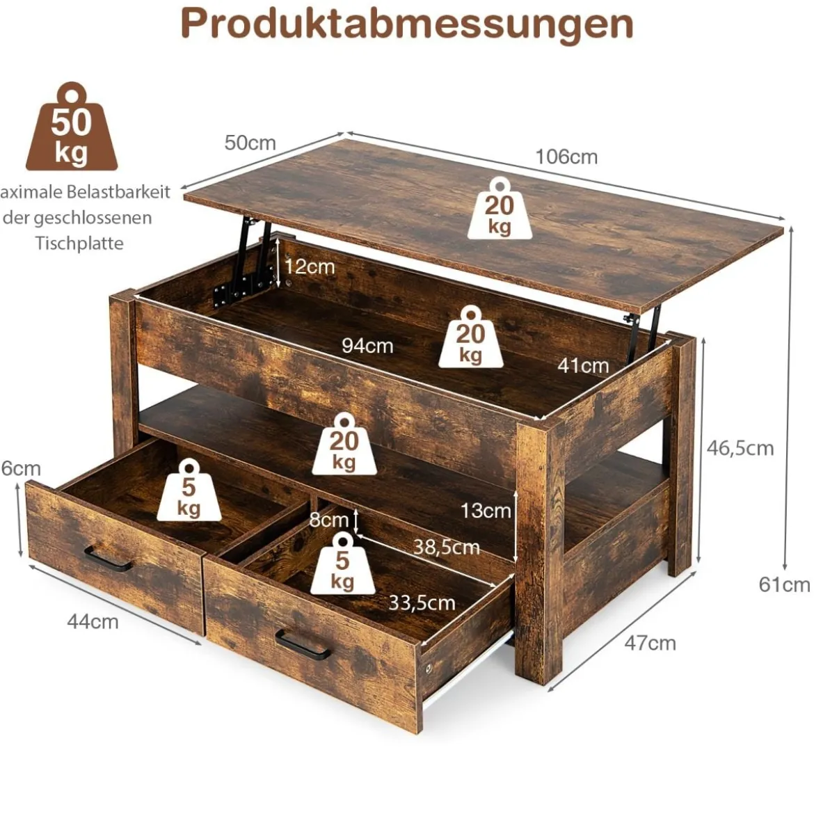 Couchtisch höhenverstellbar mit Schubladen Kafeetisch aus Holz 106 x 50 x 48 cm Braun