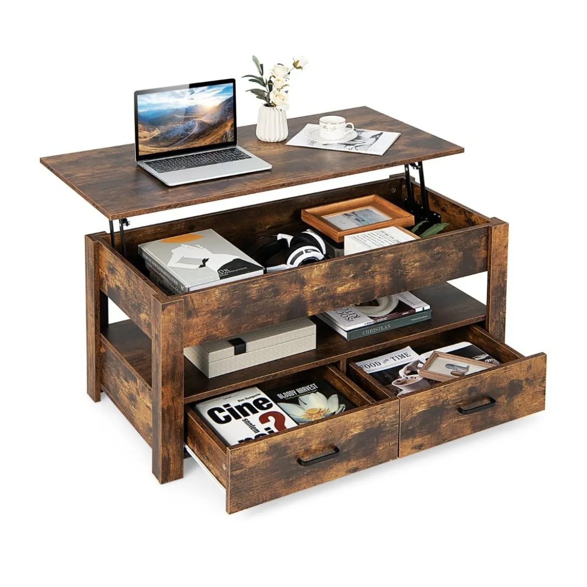 Couchtisch höhenverstellbar mit Schubladen Kafeetisch aus Holz 106 x 50 x 48 cm Braun