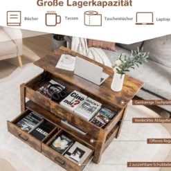 Couchtisch höhenverstellbar mit Schubladen Kafeetisch aus Holz 106 x 50 x 48 cm Braun