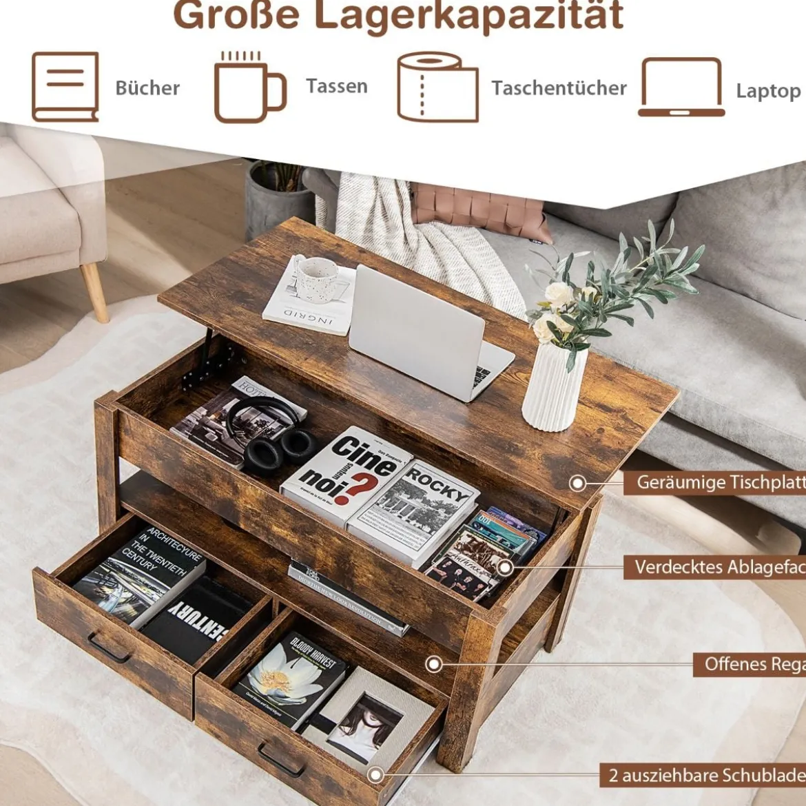 Couchtisch höhenverstellbar mit Schubladen Kafeetisch aus Holz 106 x 50 x 48 cm Braun