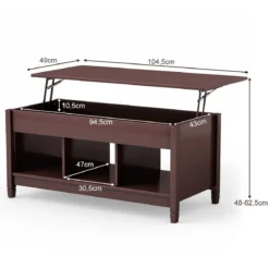 Couchtisch höhenverstellbar Hölzerner Sofatisch mit hebeplatte Stauraum 104,5 x 49 x 48-62,5 cm Dunkelbraun